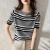Women Sweaters Pullovers 2025 Summer Short Sleeve O-Neck Striped Knitted Sweater Women Tops Pullove JJ328