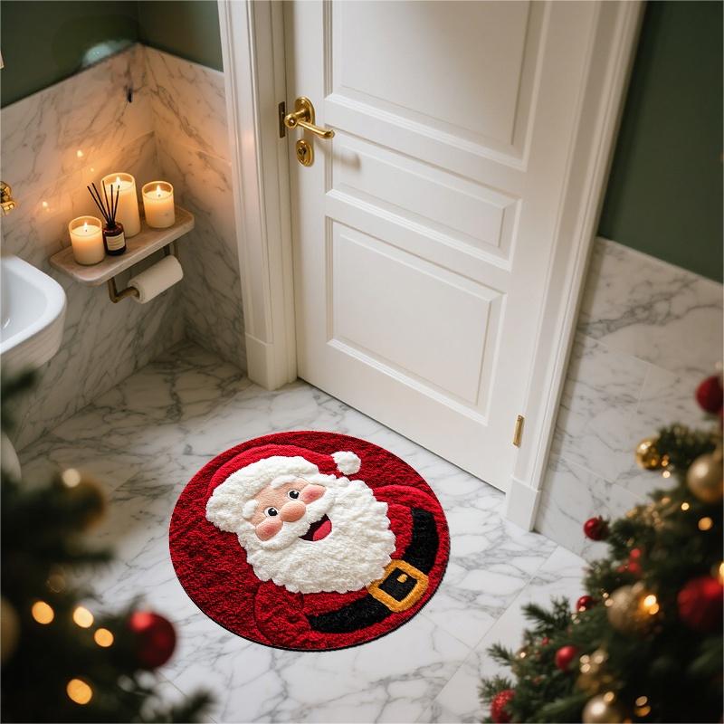 Santa Claus Round Rug Christmas Holiday Theme Non Slip Festive Decorative Floor Mat For Living Room Bedroom Home Decor
