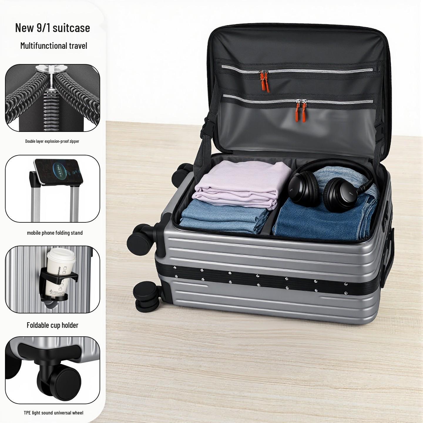 19-Inch One-Piece Front Zipper Luggage with Telescopic Handle - Large Capacity 20-inch Large Capacity