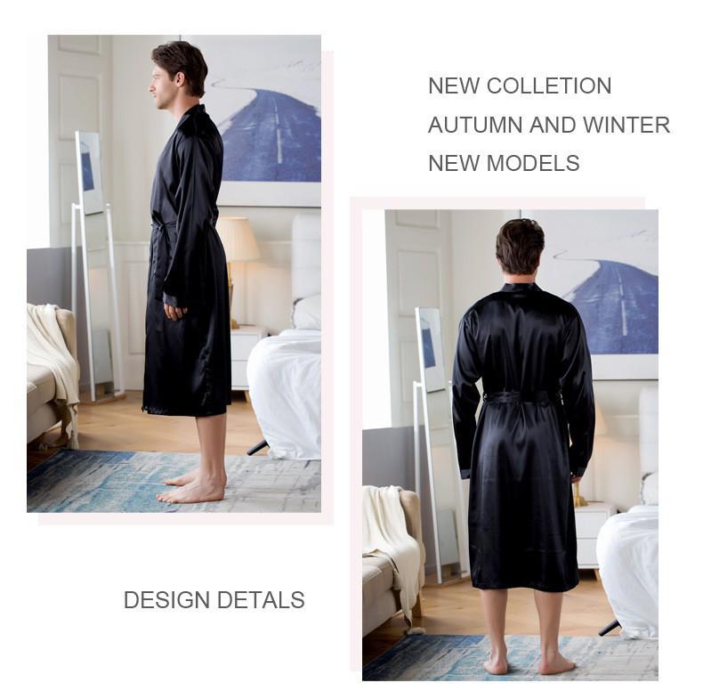 Men's Summer Lightweight European-Size Silk-Feel Mid-Length Cardigan Bathrobe Pajamas