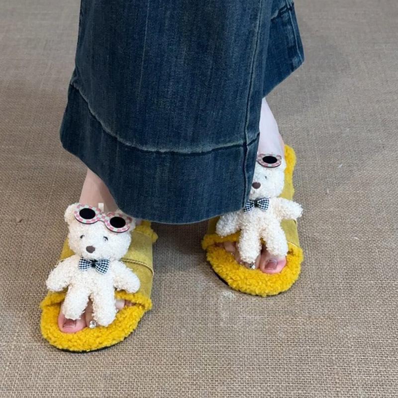 Bear casual fluffy shoes women's 2025 autumn and winter fashion three-dimensional cute cartoon outer wear versatile one-word cotton slippers