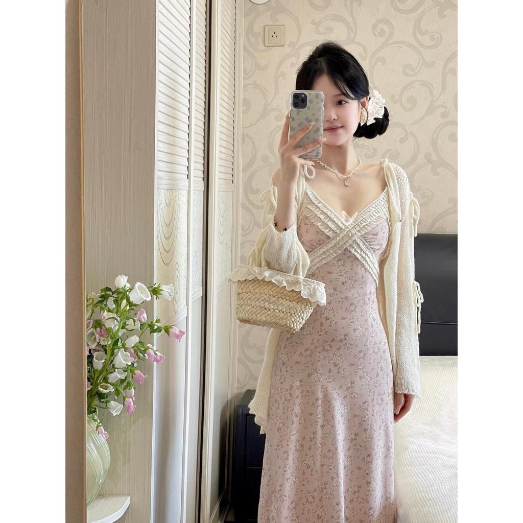 Summer new French pure desire wind collar floral suspender dress women's suspender lace splicing waist long dress