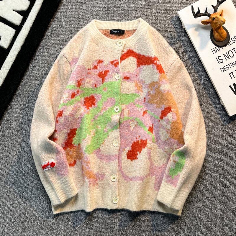 

Autumn/Winter High-End Crayon Jacquard Round Neck Long Sleeve Sweater Cardigan for Men and Women 3XL брудно-білий