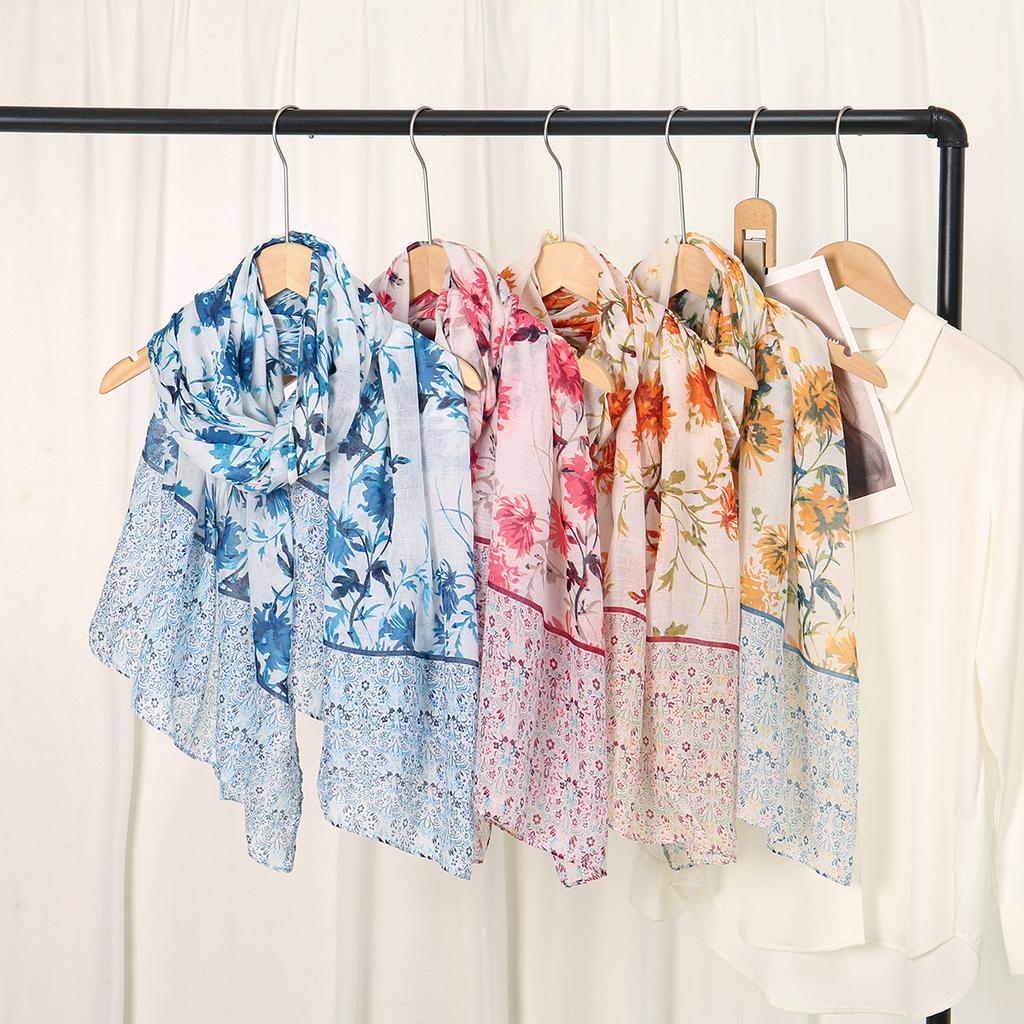 Stiksel Kleur Katoen Voile Hijab Dames Bloemenprint Sjaal Dunne Zachte Viscose Sjaal Moslim Kleurovergang Foulard Turban Zakdoek