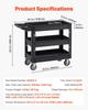 Utility Service Cart, 3 Shelf 550LBS Heavy Duty Plastic Rolling Utility Cart with 360° Swivel Wheels (2 with Brakes), Medium Lipped Shelf, Ergonomic