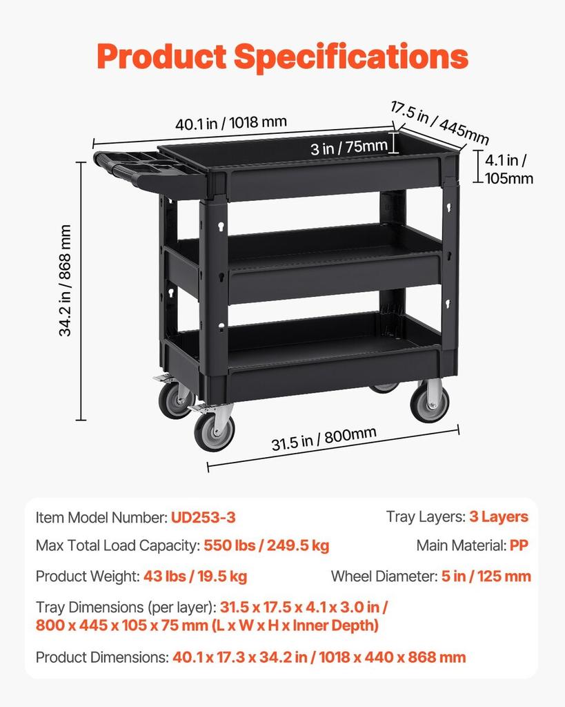 Utility Service Cart, 3 Shelf 550LBS Heavy Duty Plastic Rolling Utility Cart with 360° Swivel Wheels (2 with Brakes), Medium Lipped Shelf, Ergonomic