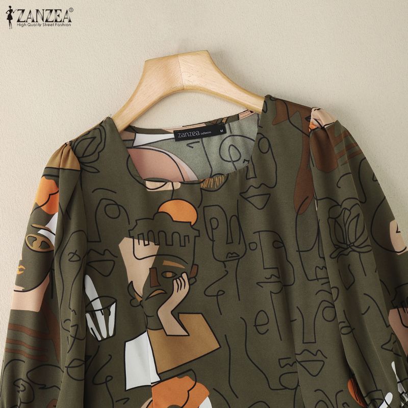 ZANZEA Women Square Collar Casual 3/4 Sleeve Loose Print Blouse