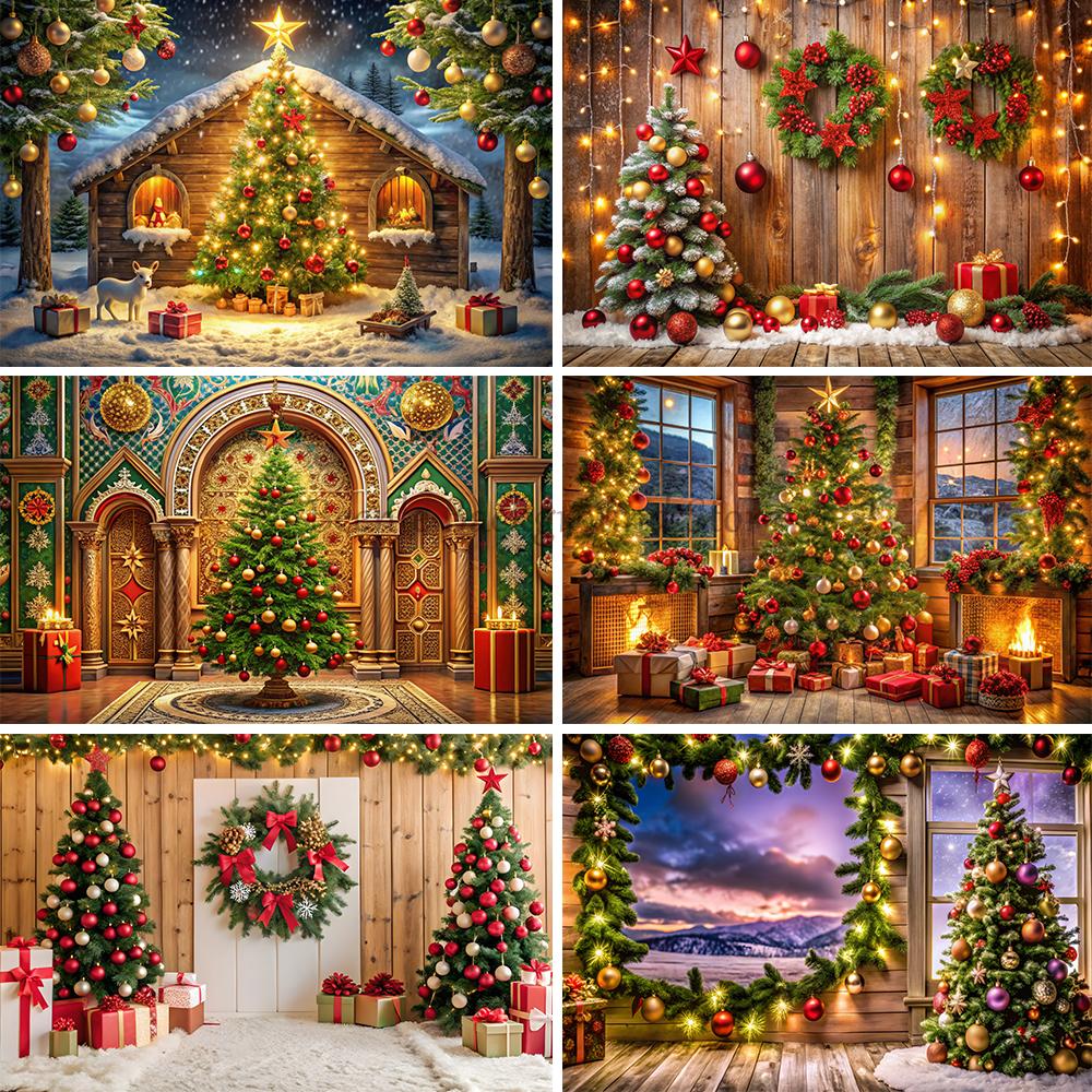 Beenle Christmas Photography Backdrop Xmas Tree Fireplace Gifts Family Party Decor Kids Portrait Background Decor Photo Studio