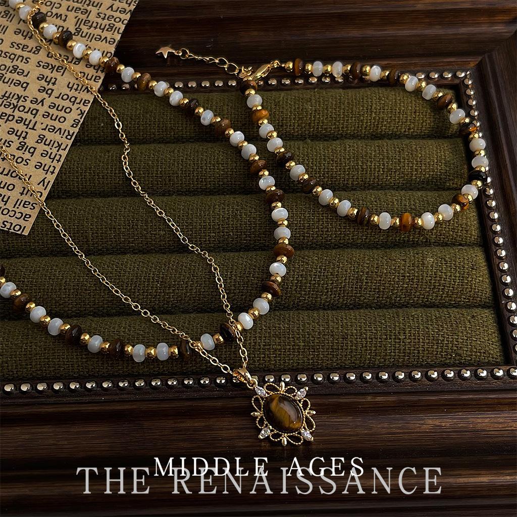 Natural Tiger's Eye Stone Necklace Vintage Stacked Sweater Chain Temperament Necklace