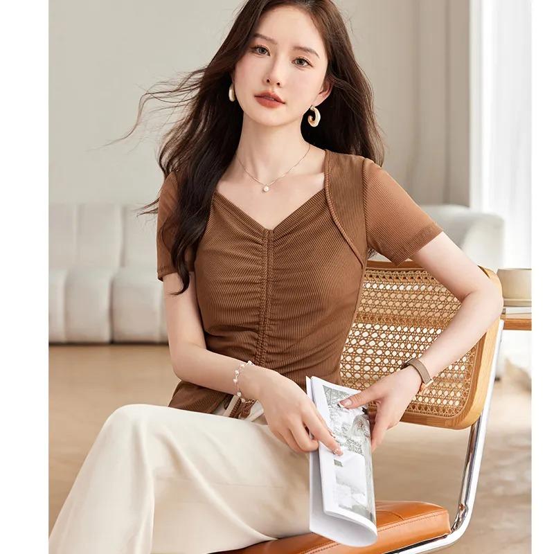 Women's V-Neck Ruched Slim Fit T-Shirt Sheer Mesh Short Sleeve Elegant Casual Top