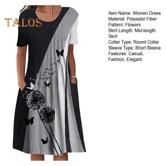 Women's Casual T-Shirt Dress Summer Short Sleeve A-Line Swing Dress Floral Print Crew Neck Pleated Midi Dress with Pocket