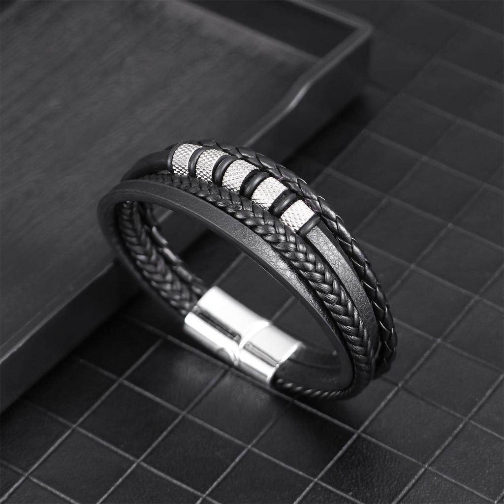 Bracciale Hip-Hop in Pelle PU Intrecciata con Perline in Lega per Uomo