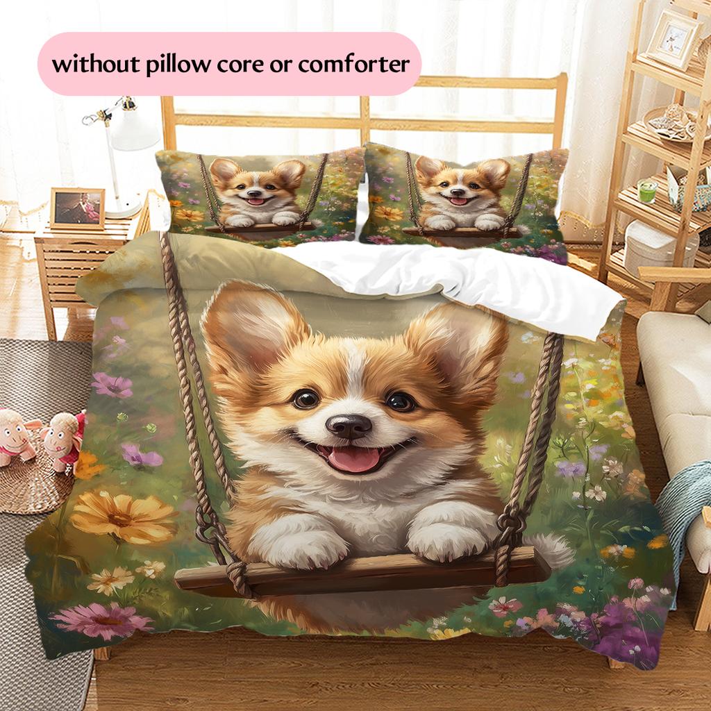 Cute Corgi Pattern Bedding Home Decoration Birthday Gift (1 * duvet cover + 2 * pillowcase, without core)
