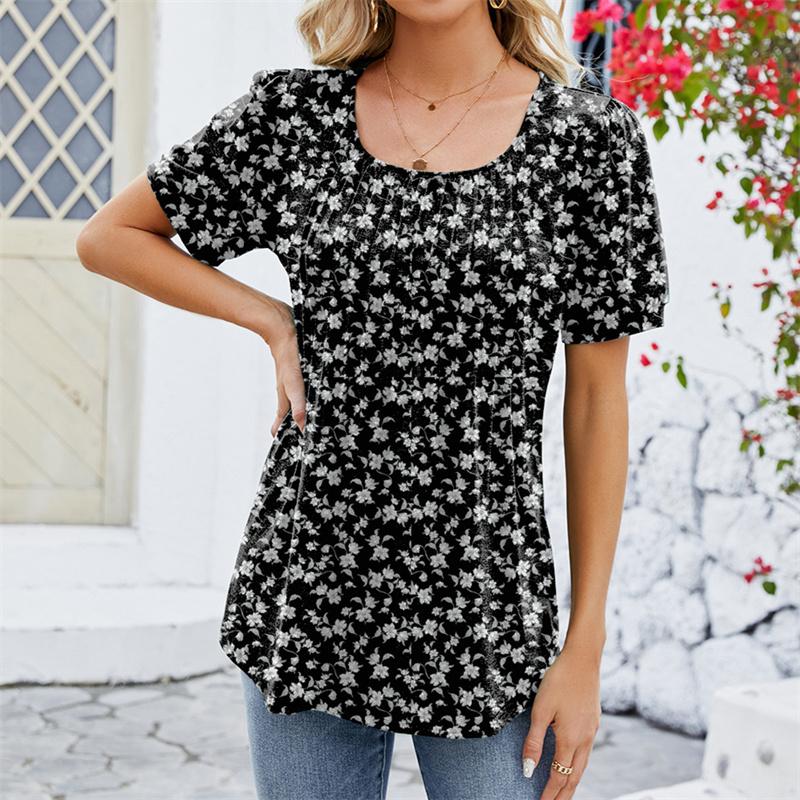 Spring Summer Pleated T Shirts Solid Color Women's Top Fashion O Neck Short Sleeve T-shirt