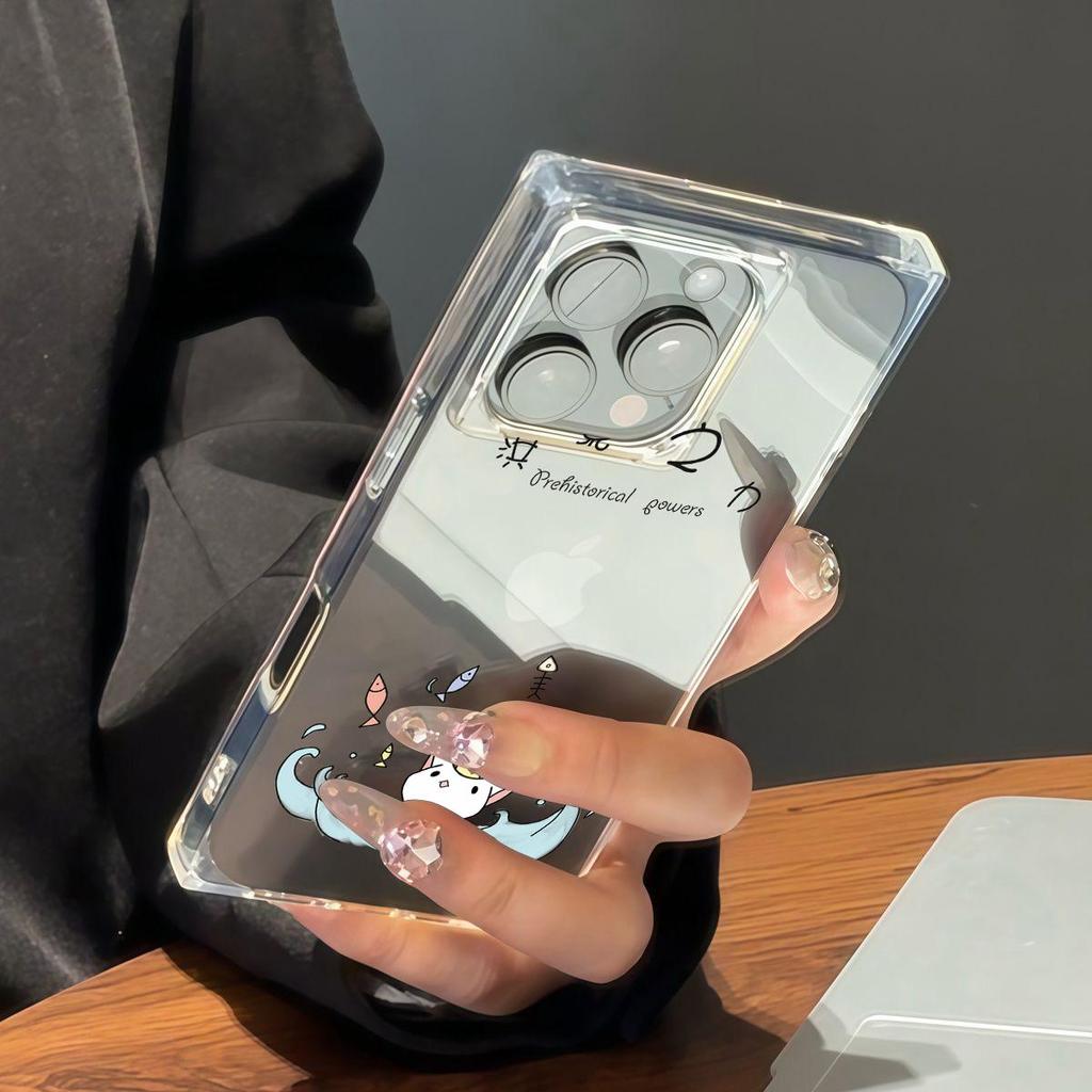 Clear Square Back Tube Case Protection For iPhone 14 Pro Max 13 16 ProMax 12 15 Plus 11 Rowing Cat Pattern