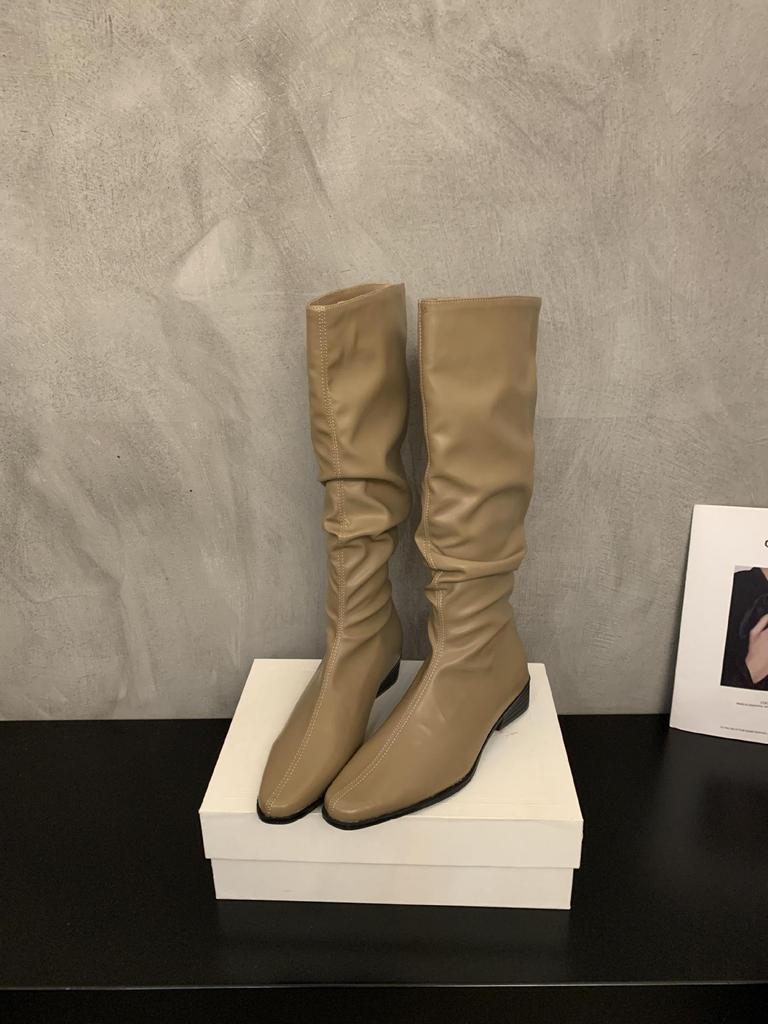 Sheepskin Version~ Thick Heel Pointed Pleated Boots Stacking Boots Women's Knight Boots Long Boots Tall Thin Boots