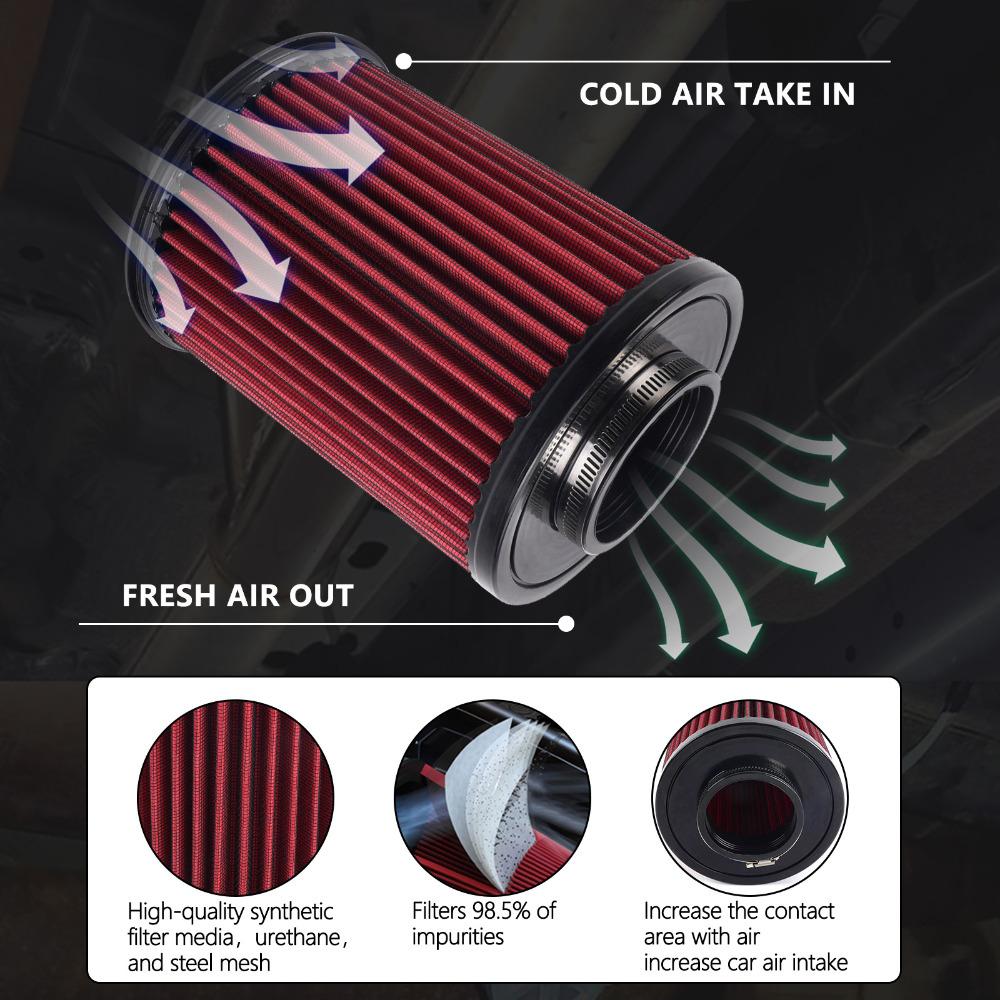 Universal 76mm 3-inch One-Piece Sports Racing Car Cold Air Intake System, Washable and Reusable Engine High Flow Air Filter