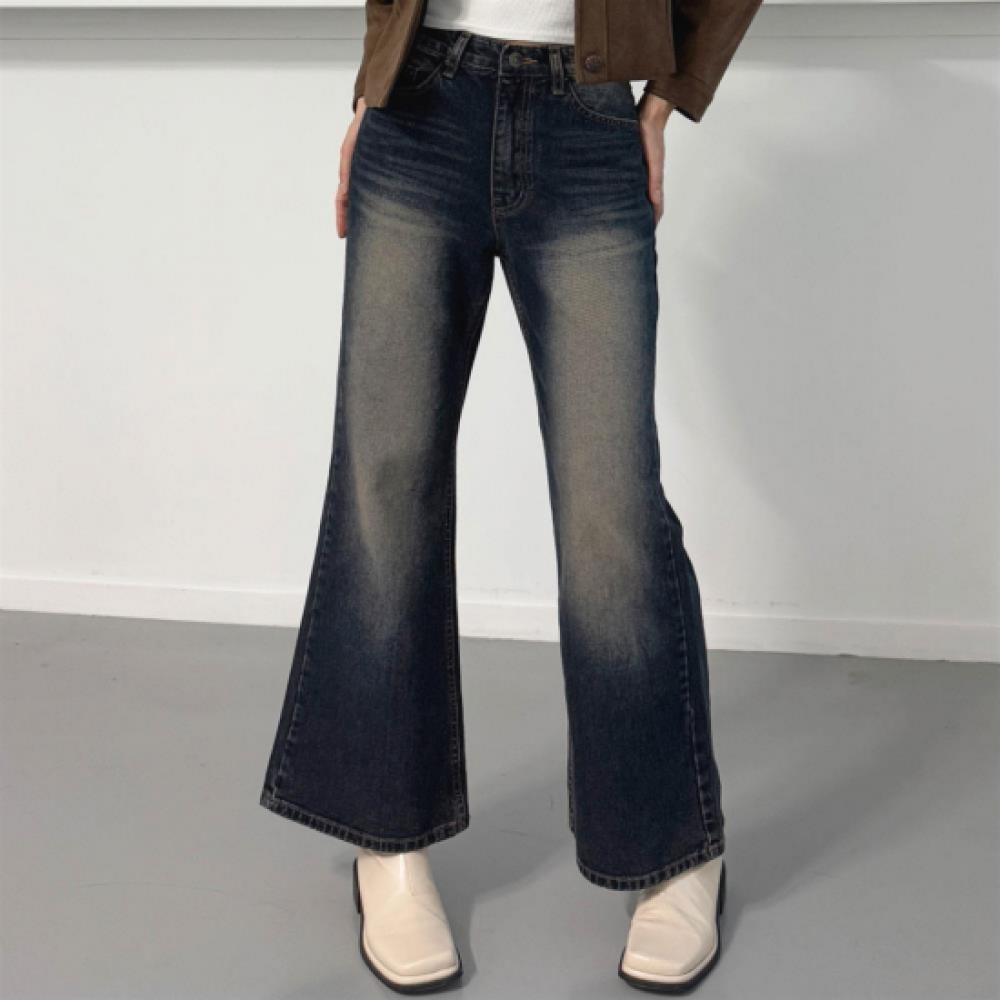 New Arrivals Open Run Women Vintage Cat Washing Bootcut Jeans Autumn Cotton Pant