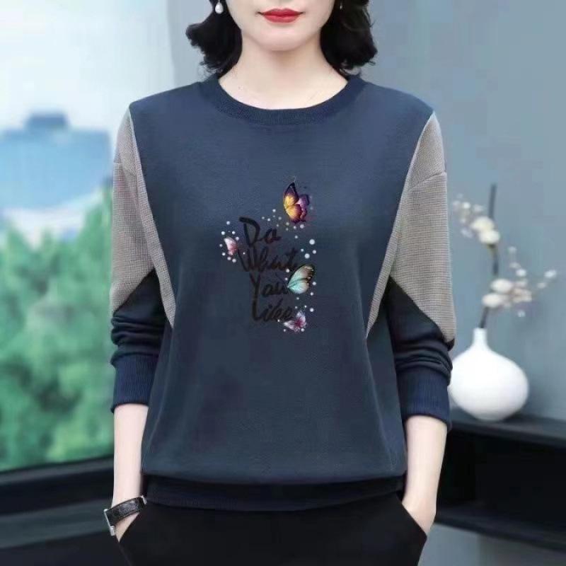 Autumn Winter Women's Cotton Patchwork Round Neck Plus Size Long Sleeve Printed Sweatshirt for Middle-Aged Moms