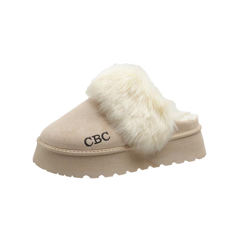 Half-tray snow boots for women's 2024 winter new outer wear warm fluffy slippers thick-soled heightening cotton slippers for women