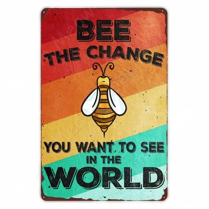Vintage Bee Kind Funny Poster Honeybee Happy Retro Metal Sign Home Outdoor Wall BeeKeeper Slogans Art Tin Plate Decoration