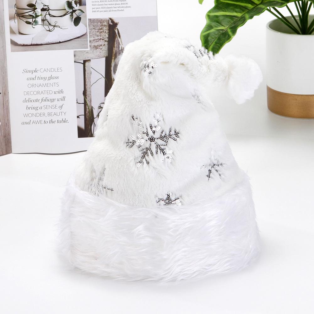 White Plush Santa Hat with Gold and Silver Beads, Sequin Snowflake Embroidery - Adult Christmas Decoration