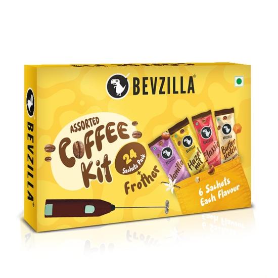 Bevzilla 24 Coffee Sachets & Frother (24 X 2 Gram Sachets) | 6 Pouches Each Flavour | Café Coffee Kit | Classic, Hazelnut, Vanilla & Butterscotch