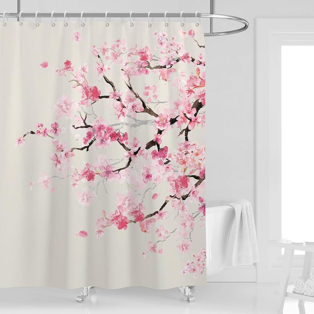 Shower Curtain Pink Cherry Floral Flowers Sakura Plum Blossom Japanese Asian Style Polyester Fabric 12 Pack Plastic Hooks