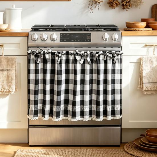 Küchenfenster Vorhänge Buffalo Check Schürze, Gerüschte Schürzen Gardine mit Spitzenbesatz und Schleifen, Polyester Baumwolle Lichtfilternd Stangentasche für Wohn