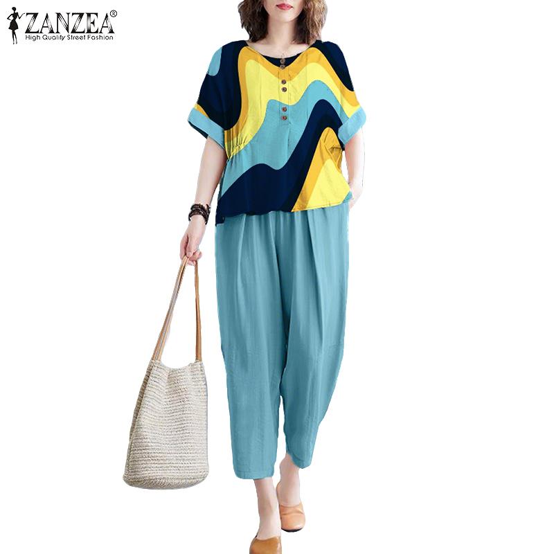 ZANZEA Women Short Sleeve Print Blouse and Pants Summer Two Piece Suit Sets