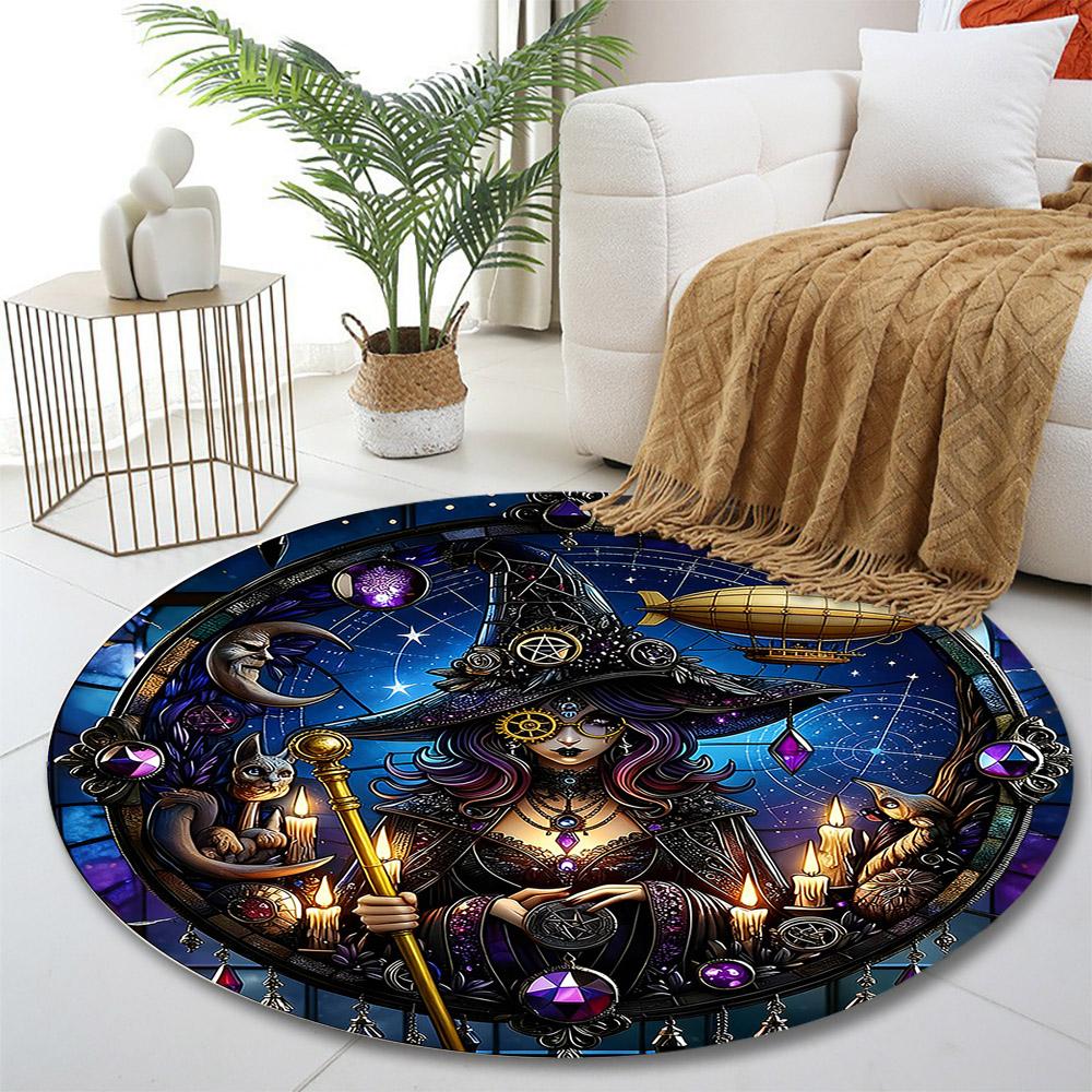 Mechanical Witch Pattern Printed Round Rug, for Living Room, Bedroom, Game Room, Non-slip Mat, Gift
