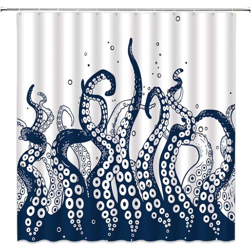 Navy Blue Octopus Shower Curtain - Kraken Sea Creature Design, Durable Polyester with Hooks for Nautical Bath Decor