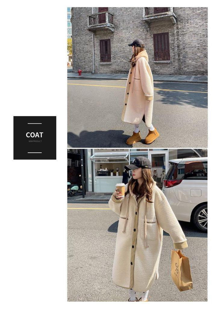 Beige Hooded Lambswool Mid-Length Coat: Thick Korean Style, Loose Fit, Plush Outerwear for Autumn/Winter.