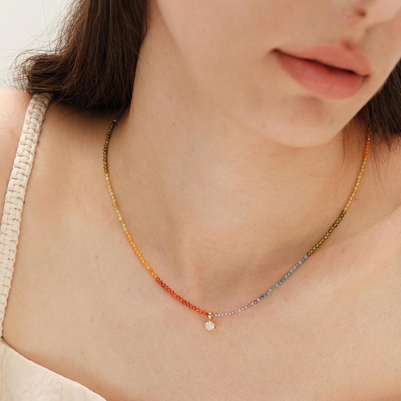 

Rainbow Beaded Choker Necklace with Crystal Pendant – Dainty Minimalist Boho Jewelry for Women, Colorful Gift