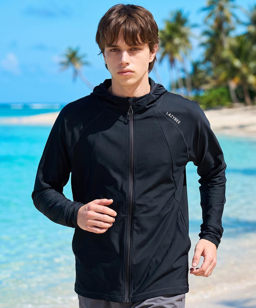 Leijibi Tech Flow Hydro Performance Loose Fit Hooded Zip-Up Rash Guard M Black