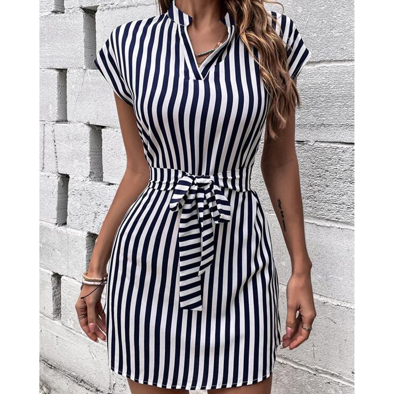 Women's Striped Lace-up Dress Fashion Slim V-neck Temperament White-collar Work Commuter Mini Dress Street Casual Wear
