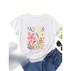 European Size [Vibrant Graphic Tee] Women's  Short Sleeve Crew Neck T-Shirt | Double-Sided Floral &Letter Graphic Print, Vibrant Colors On Olive Green