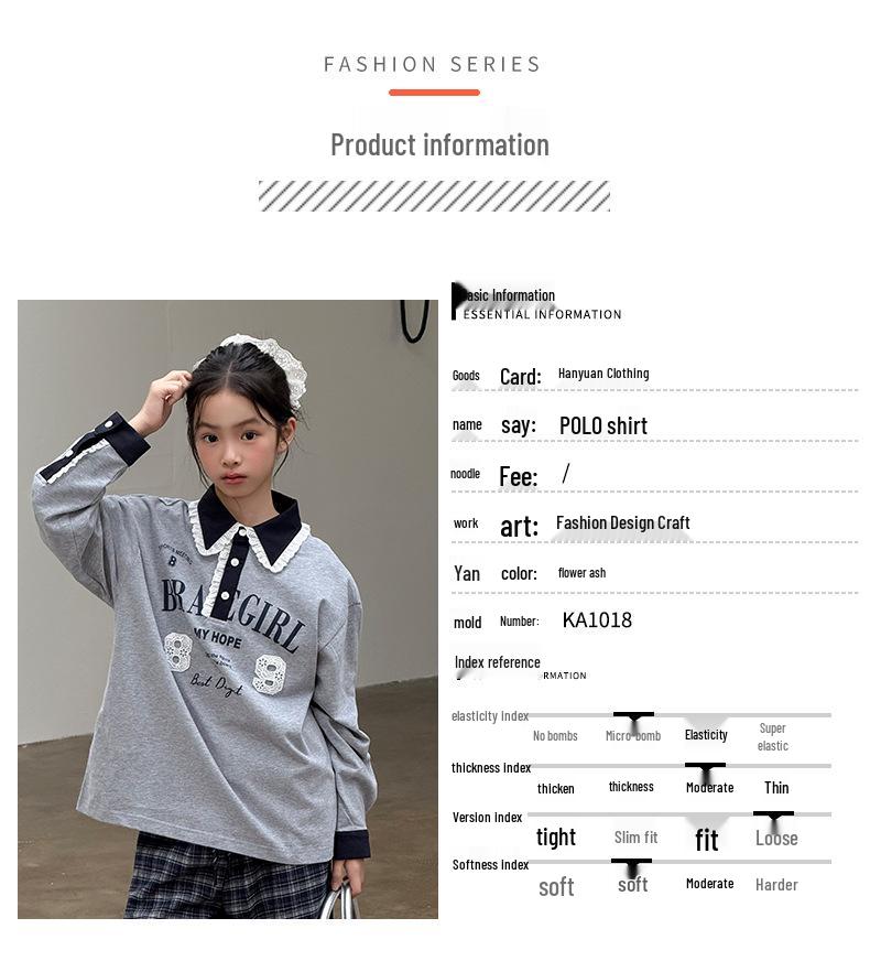 Girls' Heather Grey Long Sleeve Polo Shirt with Lace Collar - Autumn 2025 Collection