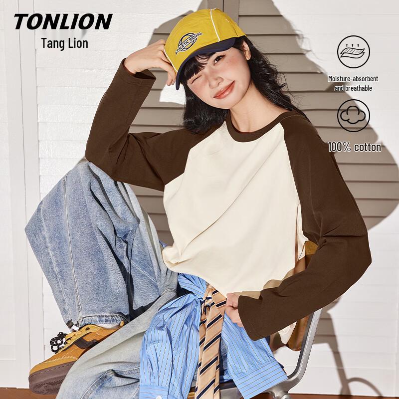 

TonLion Women s Pure Cotton Color-Block Long-Sleeve T-Shirt M