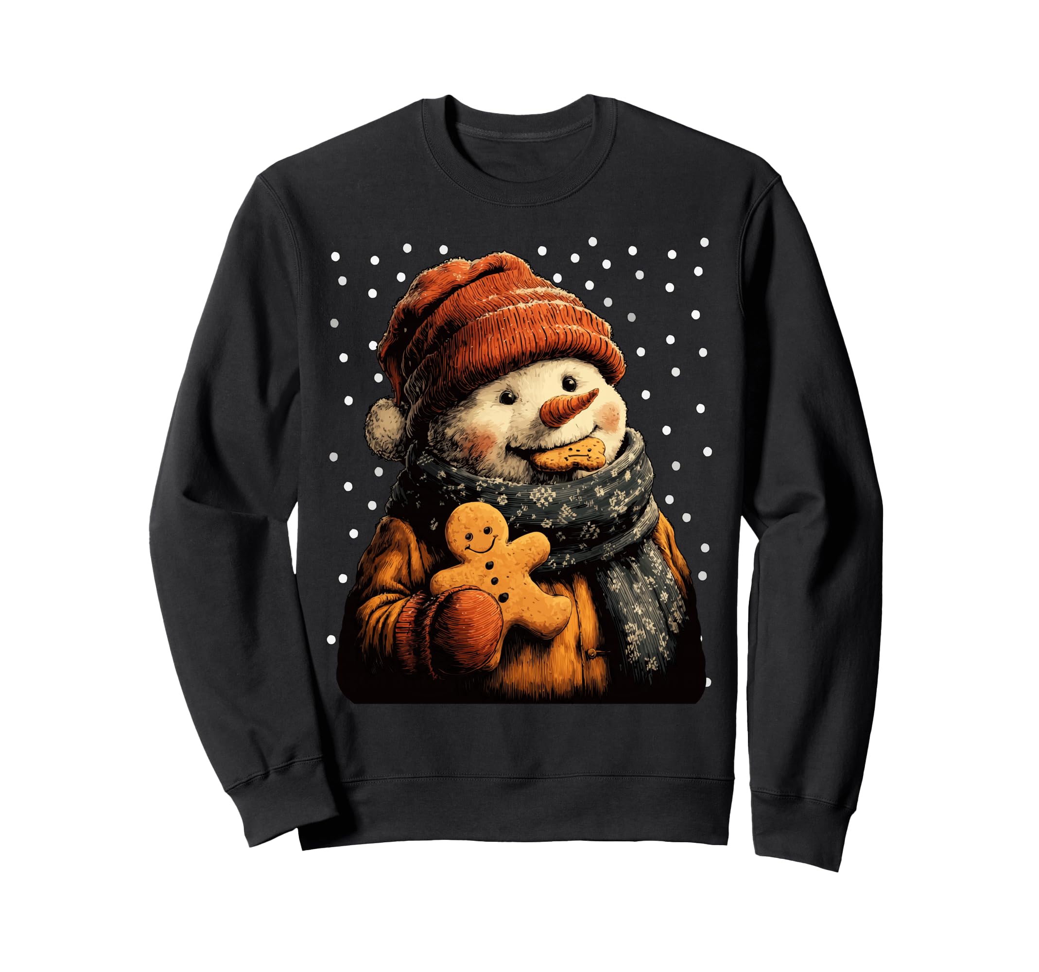 

Рождественский снеговик в шапке Санты с имбирными пряниками на снежном свитшоте чёрный