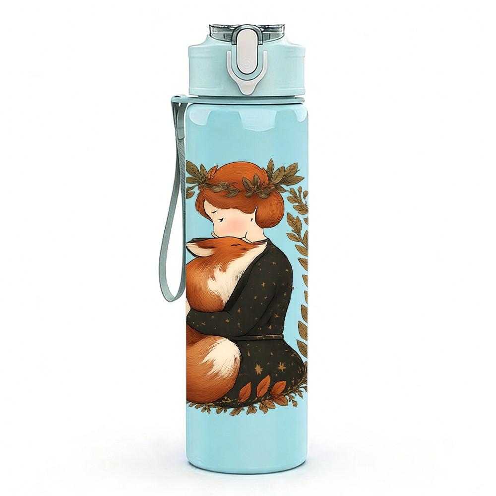 1PC Wreath Fox Couple Print 750ml Color Plastic Sports Water Bottle Leakproof Flip Straw Lid Suitable for Sports Office Home Use
