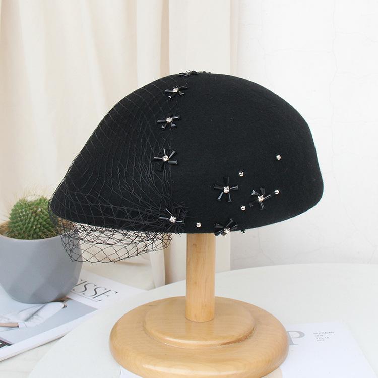 

Шляпа Женская Зимняя Мода Стразы Сетка Цилиндр Ретро Элегантная Шляпа Стюардессы Шерстяной Берет M（56-58cm） чёрный