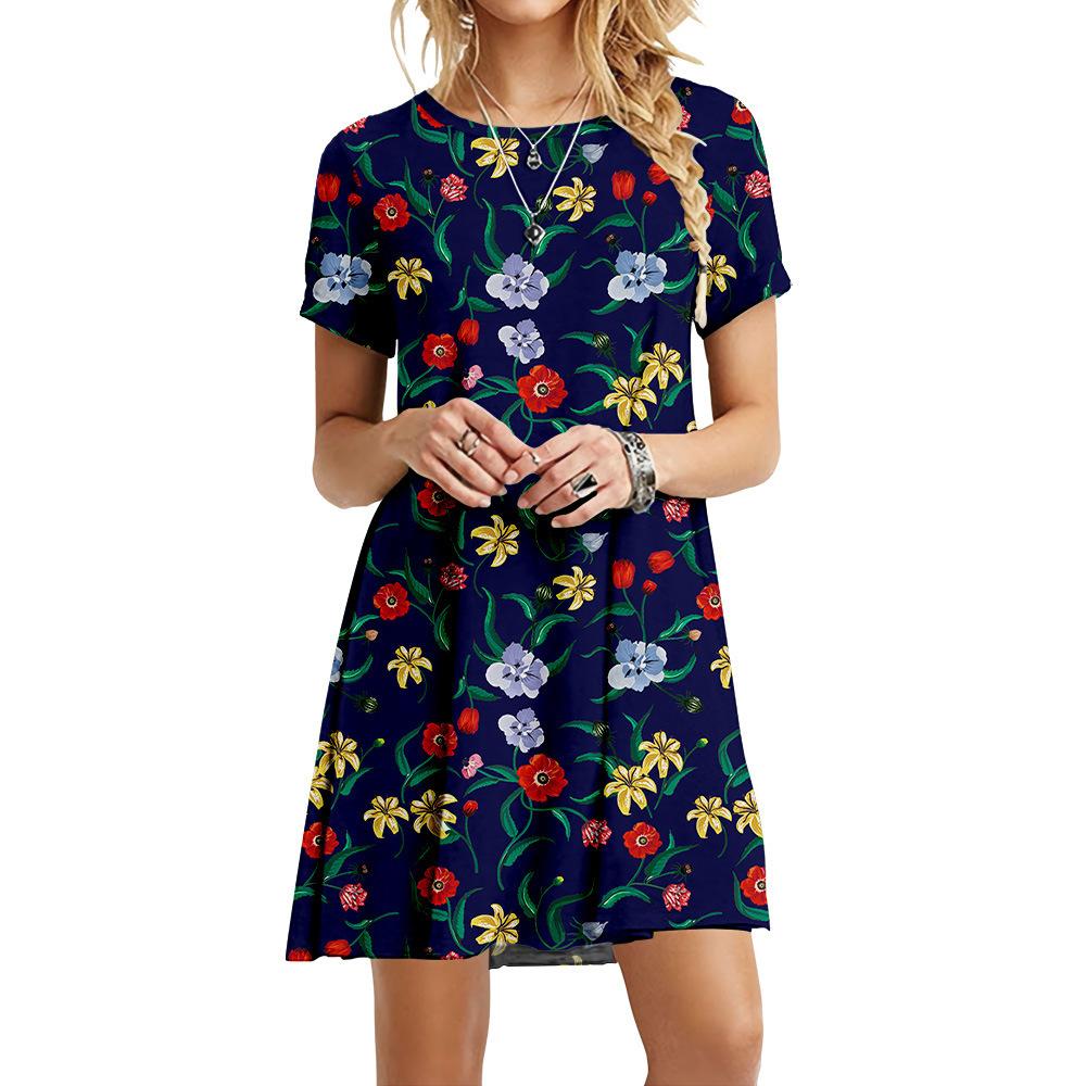 Size S-6XL Floral Print Dress Women Loose Dresses Summer For Short Sleeve Fashion Round Neck Casual Plus Size Dress