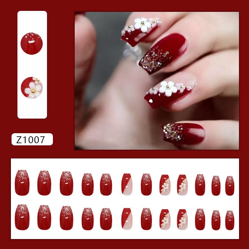 

Burgundy Floral Gold Bead Glitter French Ballet Nails - Detachable Nail Art Set of 24, Mid-Length, Versatile Ins Style.