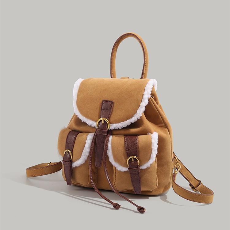 High-end Lambswool Backpack for Women 2024 New Autumn Winter Vintage Style Matte Backpack Student School Bag