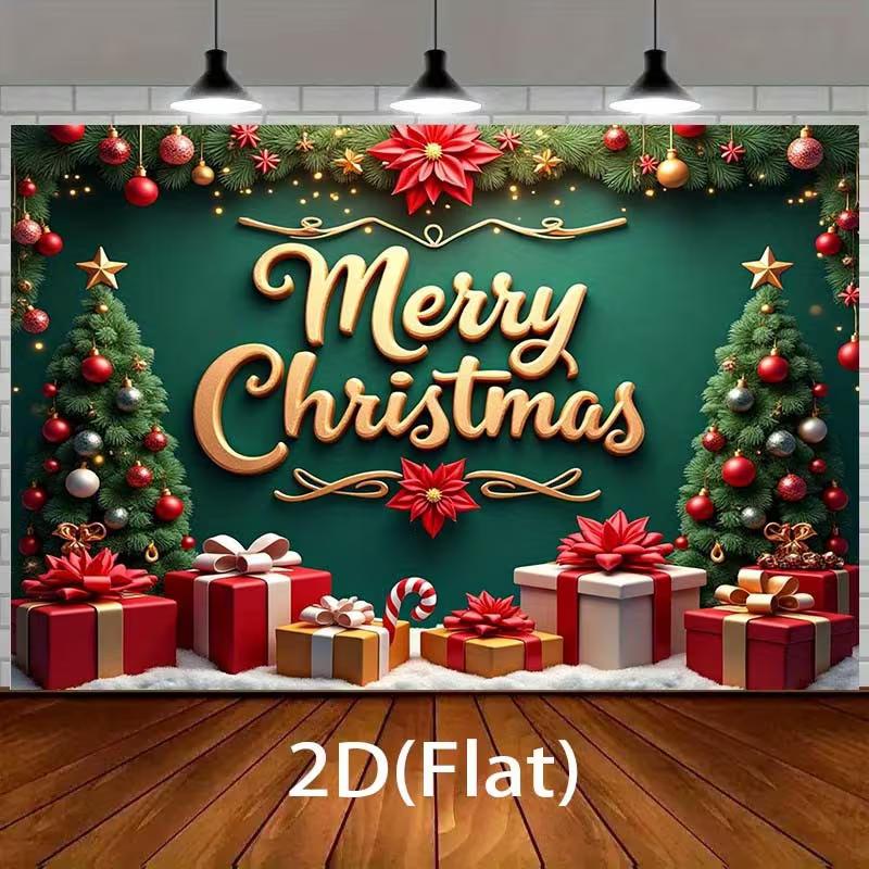 

2D Christmas Photography Backdrop Green Christmas Tree Gift Box Banner for Studio 47.2x31.5inch/120*80cm