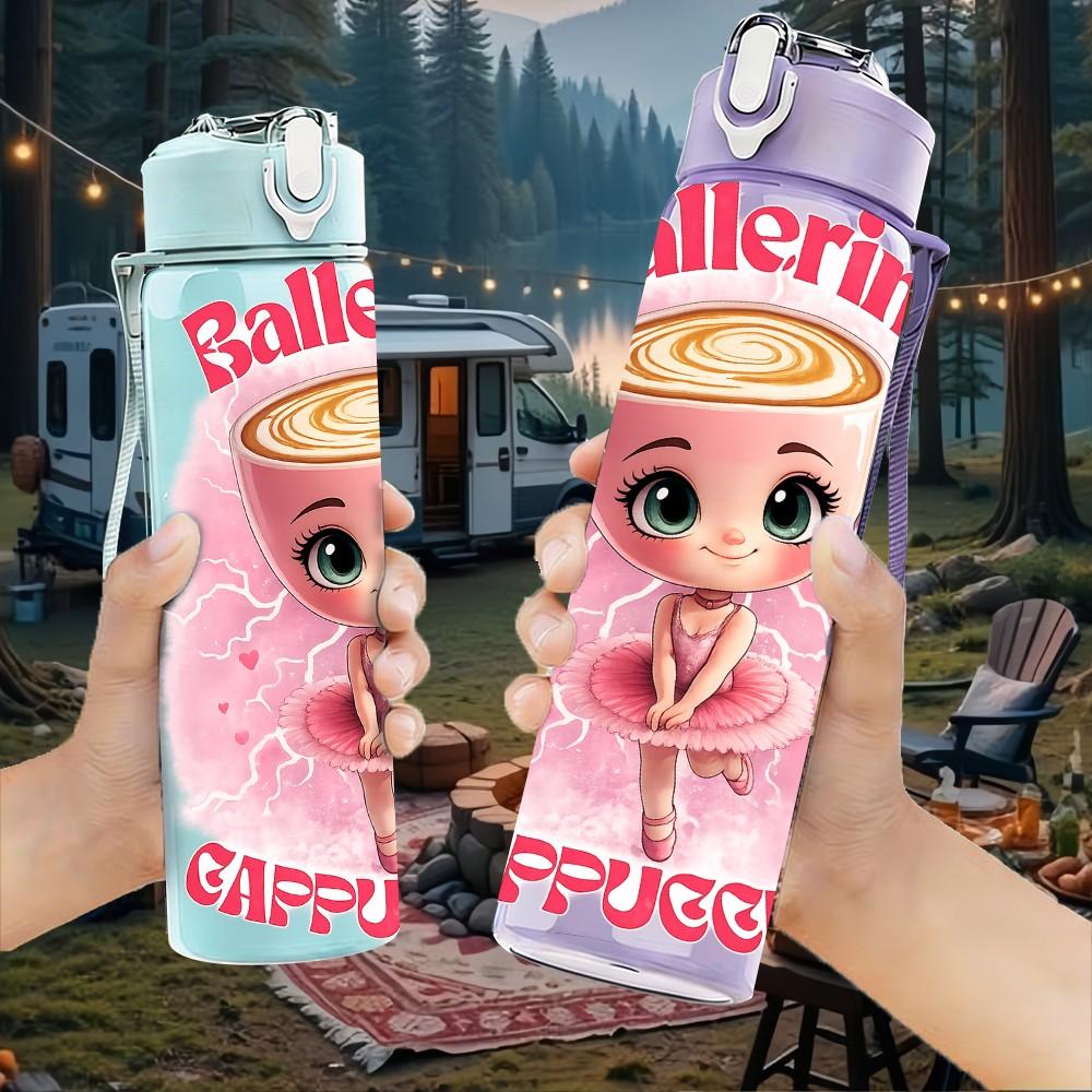 1PC Cute Ballerina Doll Cartoon Print 750ml Color Plastic Sports Water Bottle Leakproof Flip Straw Lid Suitable for Sports Office Home Use