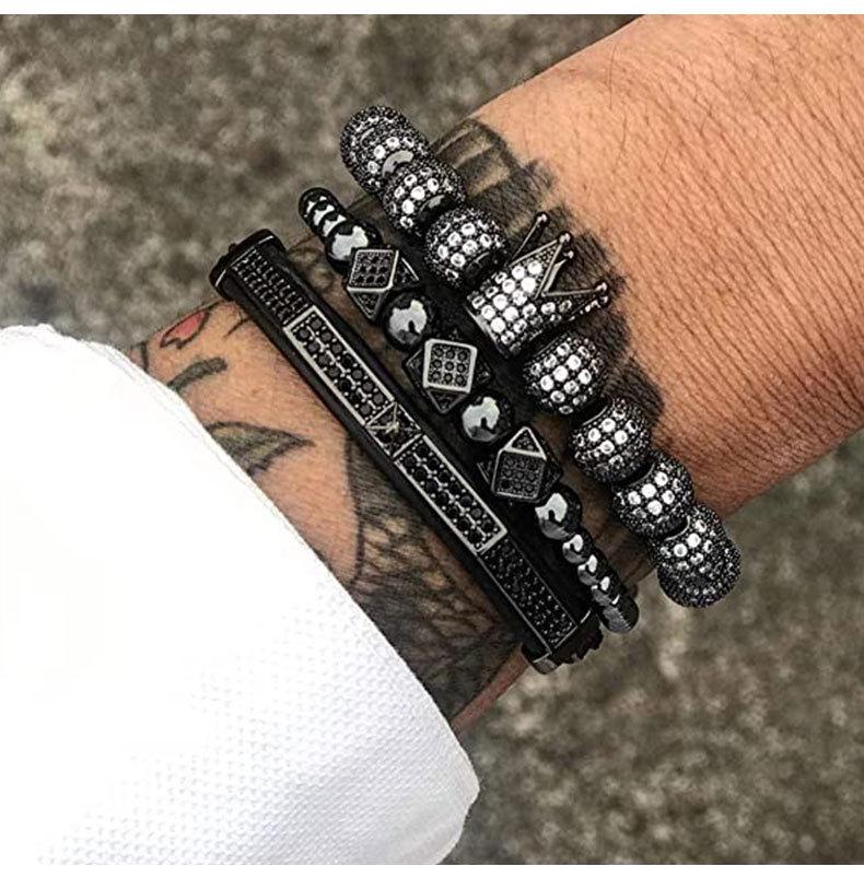 Men's Copper Zirconia Crown Ball Rhombus Double Row Crescent Bracelet Set