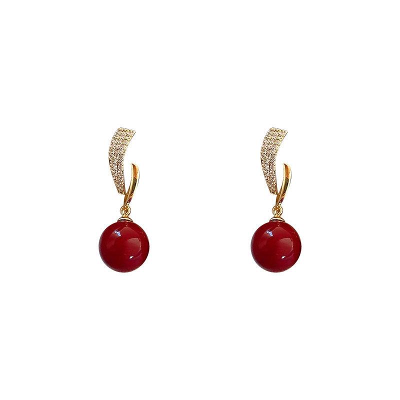 New Design Wine Red Pearl Pendant Metal Inlaid Zircon Hanging Earrings For Women's Light Luxury Jewelry Trendy Accessories