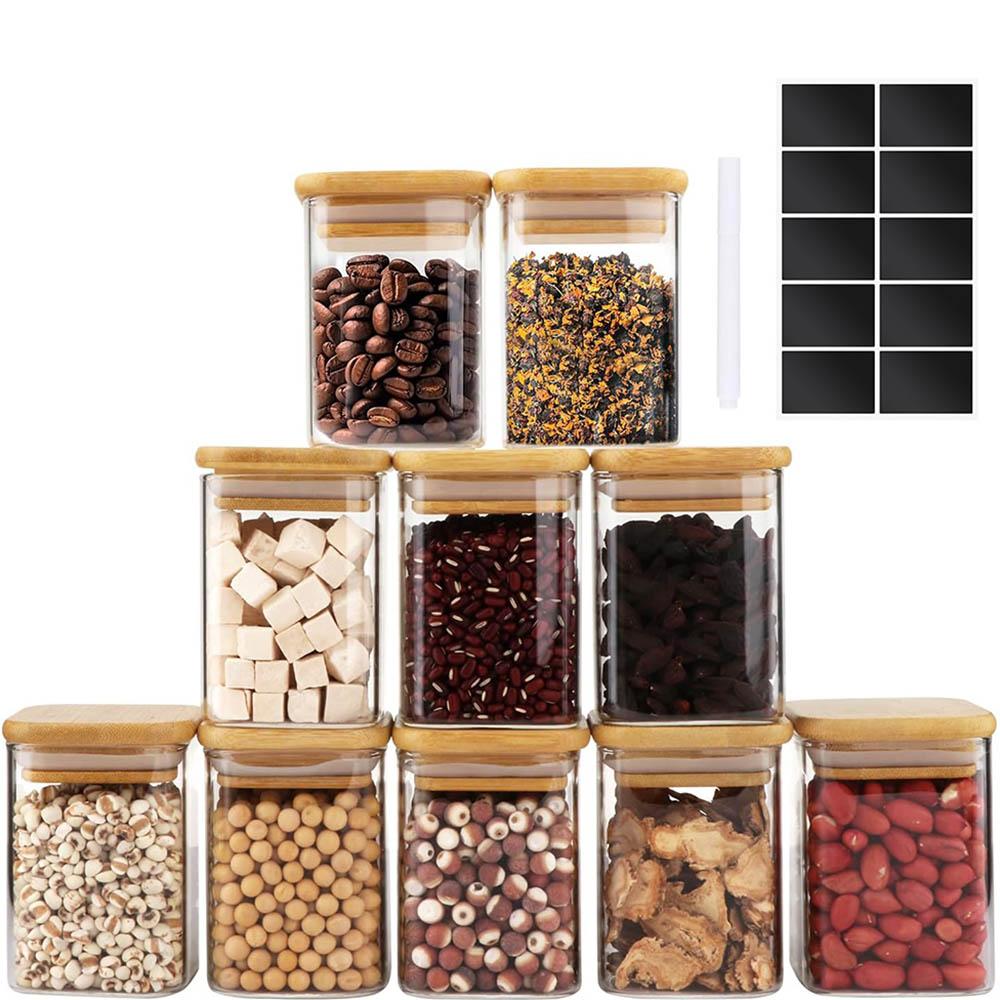 9oz Glass Jars with Airtight Bamboo Lids - Clear Glass Pantry Storage Containers Small Square Canister Set for Kitchen Spices